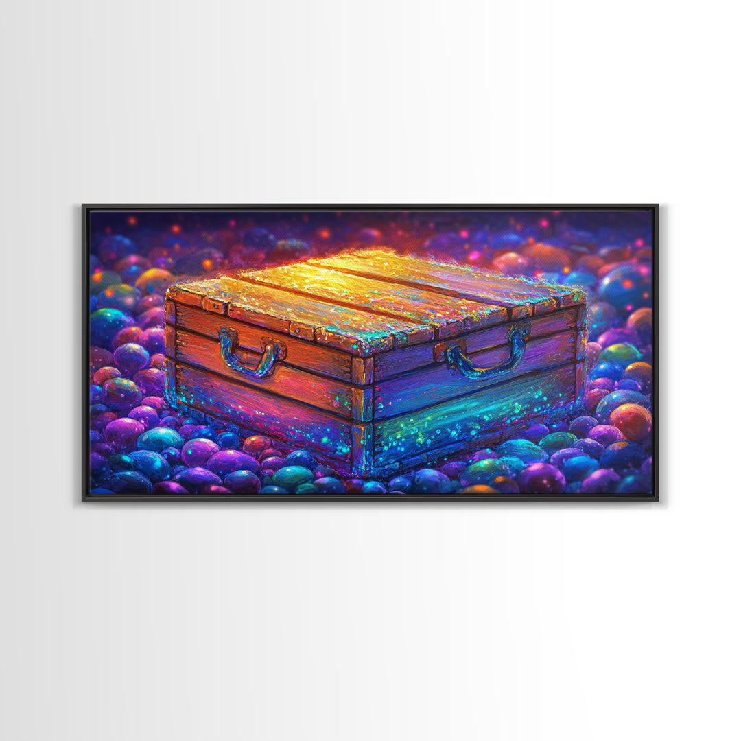 Glowing Wooden Treasure Chest Canvas Print, Whimsical Fantasy Wall Art, Colorful Rustic Home Decor, Unique Housewarming Gift