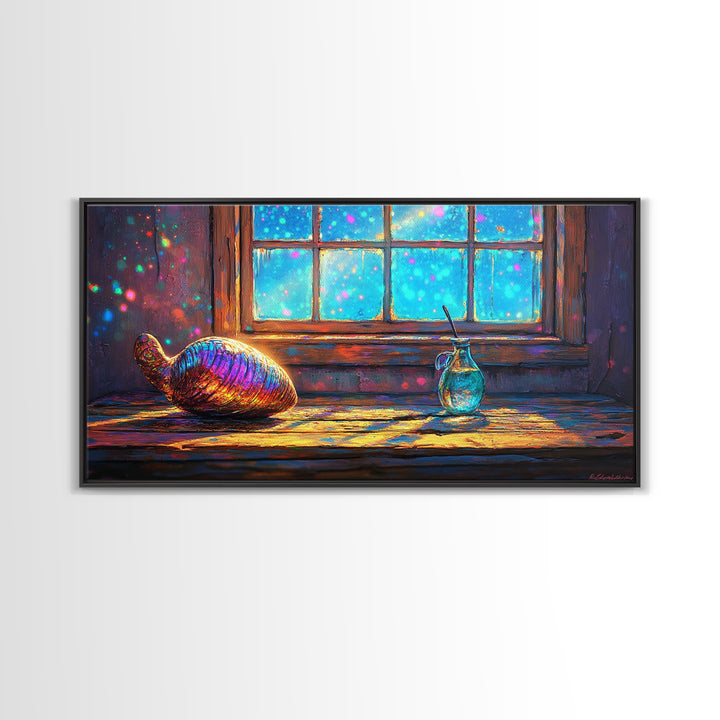 Rainbow Seashell And Glass By Window Canvas Print, Nautical Wall Art, Coastal Home Decor, Bathroom Wall Decor, Beach House Gift