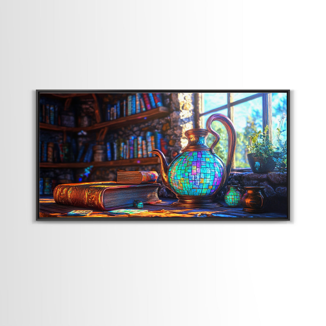 Mosaic Teapot And Antique Books Canvas Print, Library Wall Art, Dark Academia Decor, Book Lover Gift, Cozy Home Decor, Office Decor
