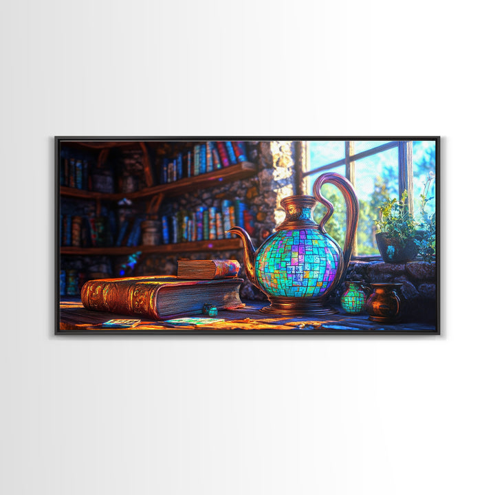 Mosaic Teapot And Antique Books Canvas Print, Library Wall Art, Dark Academia Decor, Book Lover Gift, Cozy Home Decor, Office Decor