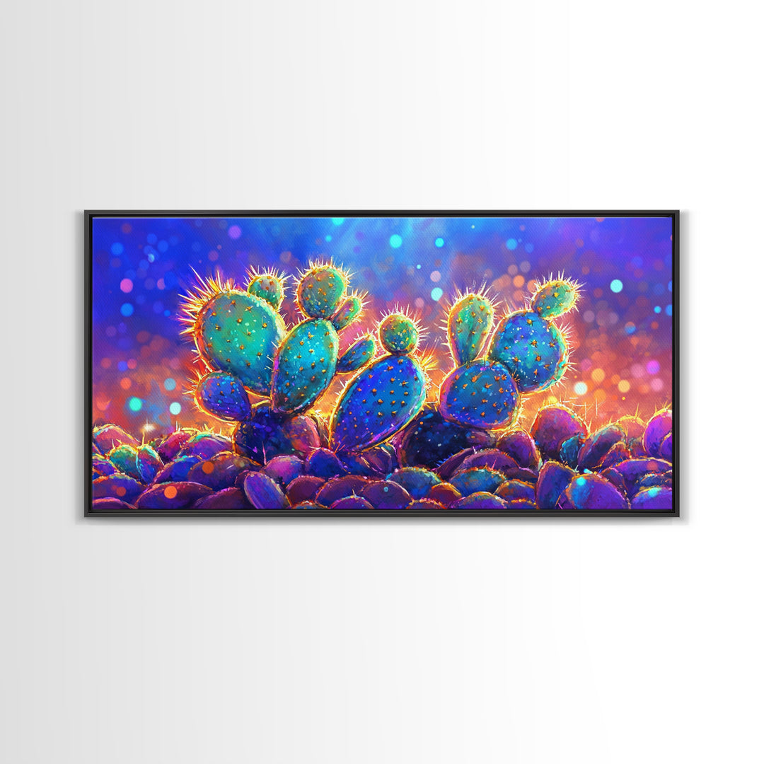 Glowing Prickly Pear Cactus At Twilight Wall Art, Vibrant Desert Canvas, Colorful Southwestern Decor, Boho Living Room Print