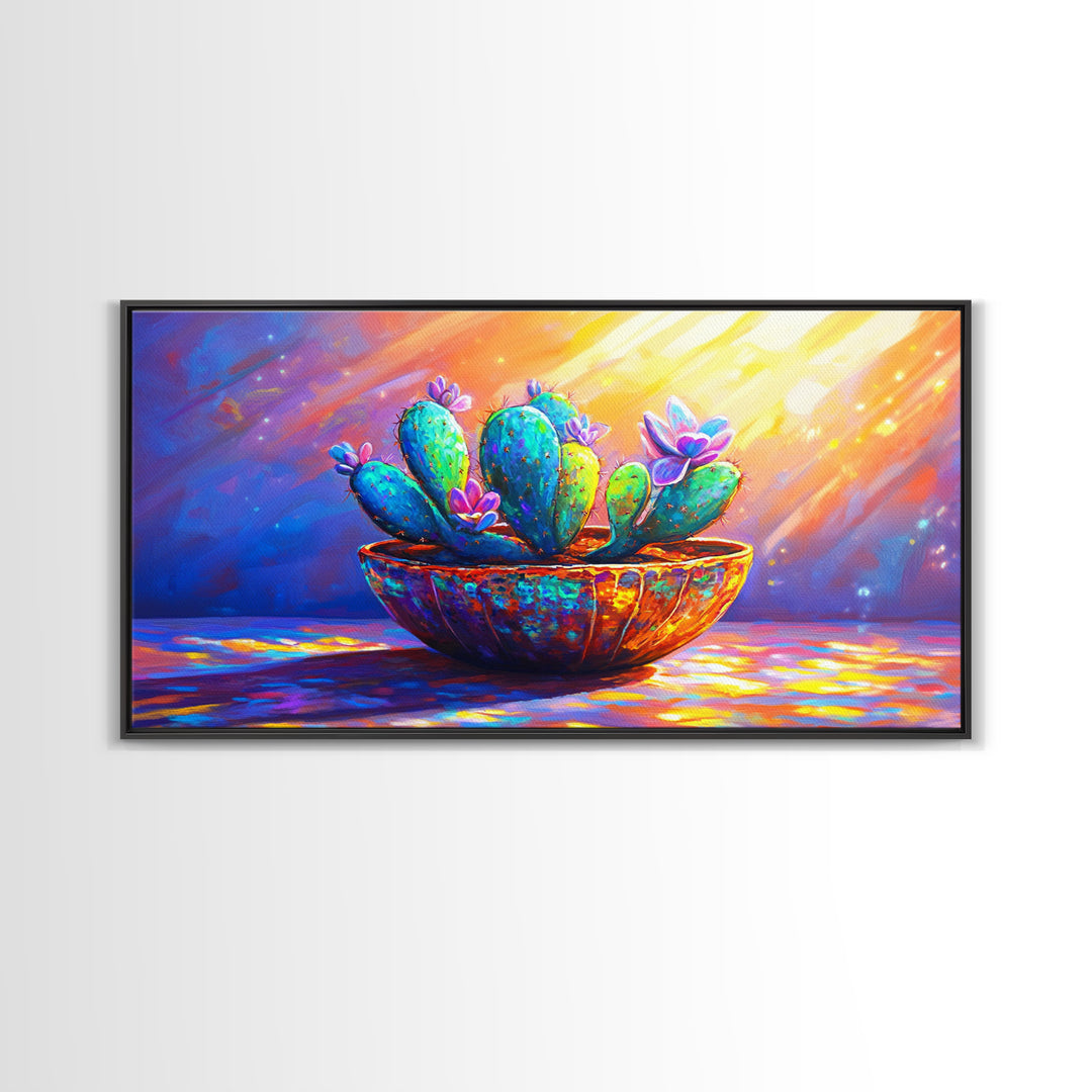 Sunlit Blooming Cactus In Rustic Bowl Canvas Print, Colorful Desert Botanical Art, Southwestern Kitchen And Living Room Decor