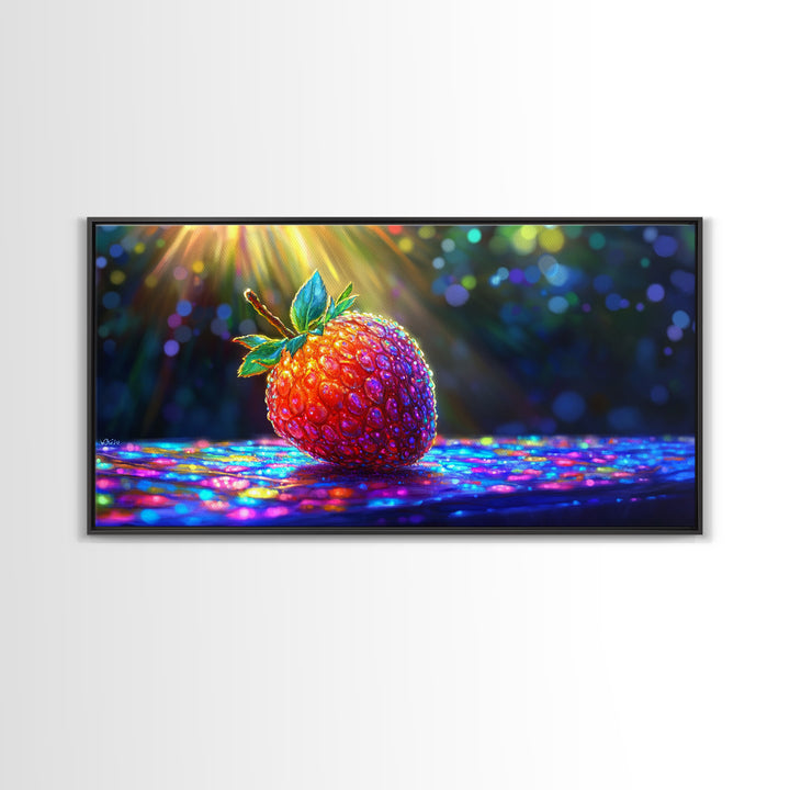 Glowing Strawberry Under Sunbeams Canvas Print, Colorful Fruit Wall Art, Whimsical Kitchen Decor And Food Lover Gift Idea