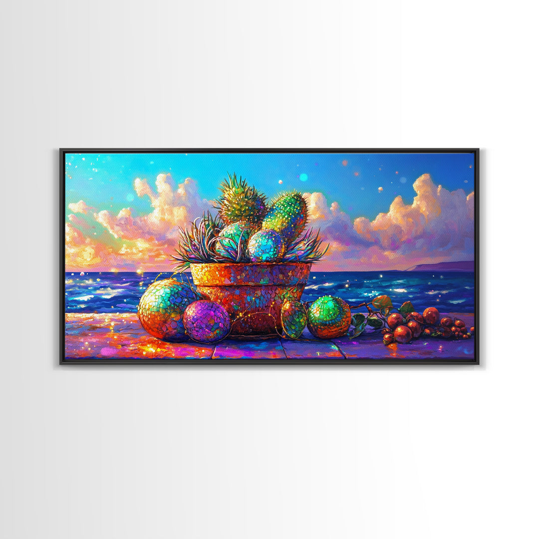Prickly Pear Cactus Basket Wall Art, Coastal Tropical Still Life, Beach House Decor, Colorful Fruit Print, Summer Canvas