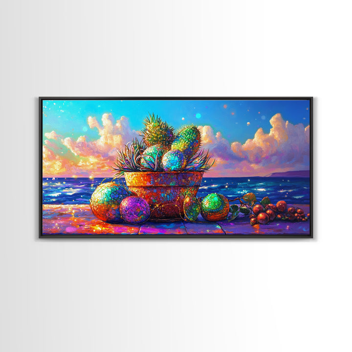 Prickly Pear Cactus Basket Wall Art, Coastal Tropical Still Life, Beach House Decor, Colorful Fruit Print, Summer Canvas