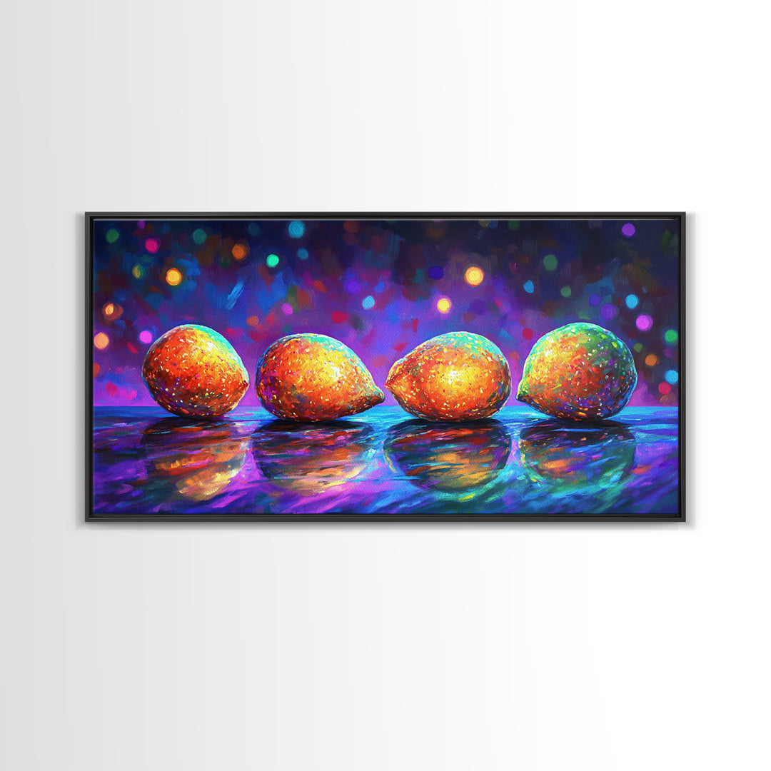 Four Bright Mangoes Wall Art, Colorful Fruit Still Life, Modern Kitchen Decor, Tropical Art Print, Vibrant Dining Room Canvas