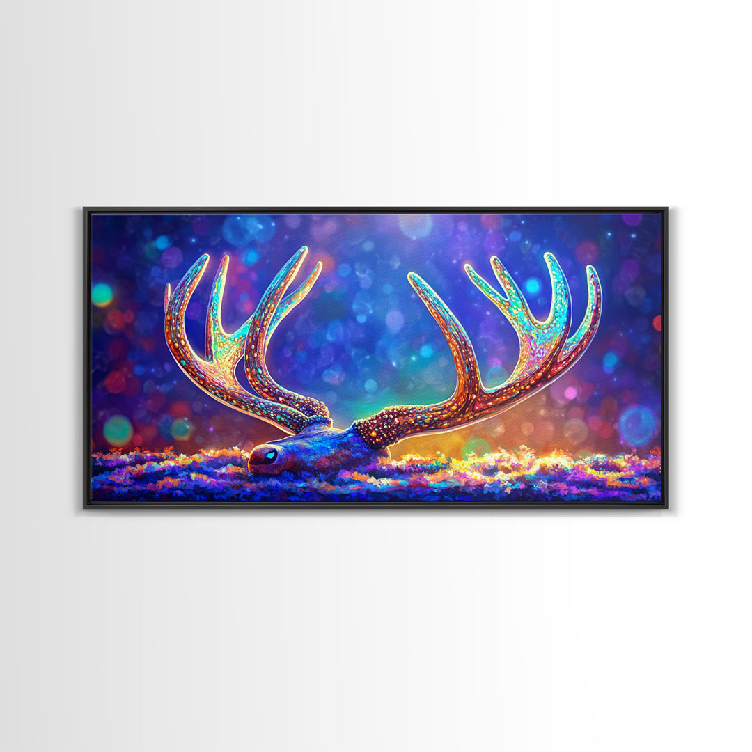 Glowing Deer Antlers Wall Art, Surreal Wildlife Print, Colorful Nature Decor, Rustic Cabin Gift, Whimsical Animal Canvas
