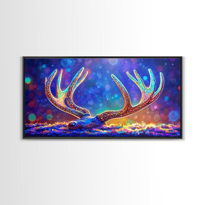 Glowing Deer Antlers Wall Art, Surreal Wildlife Print, Colorful Nature Decor, Rustic Cabin Gift, Whimsical Animal Canvas