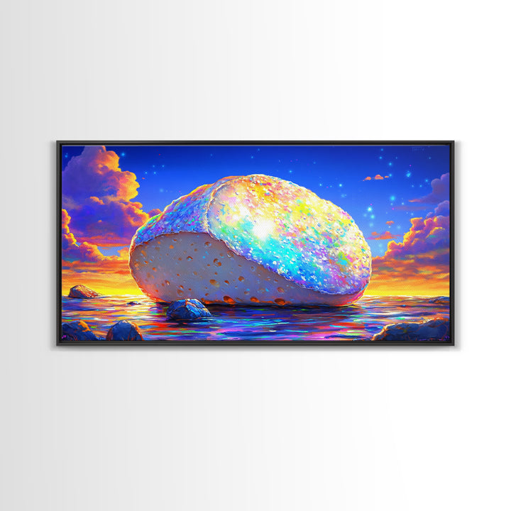 Glowing Rainbow Sea Stone At Sunset Wall Art, Colorful Coastal Canvas, Surreal Beach Decor, Ocean Landscape Living Room Print