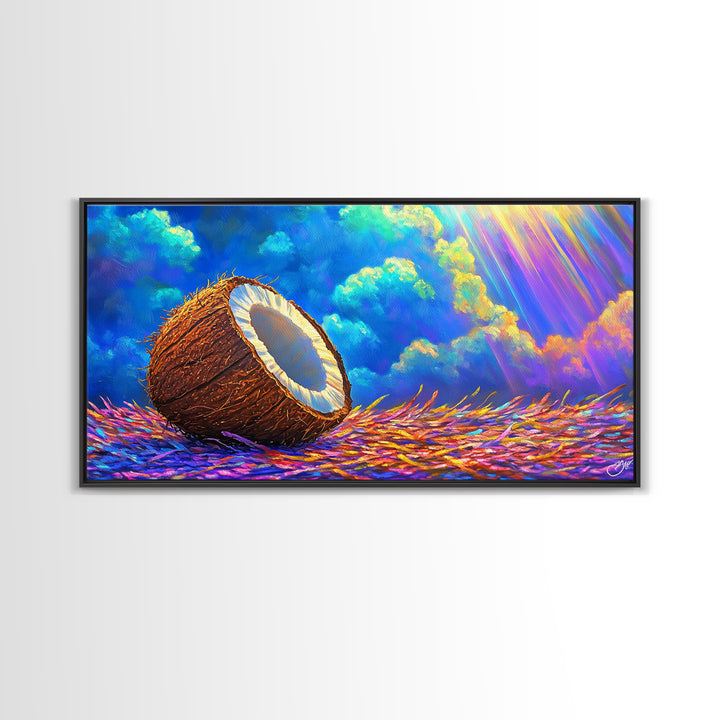 Sunlit Coconut On Tropical Straw Canvas Print, Beach House Wall Art, Coastal Decor, Vibrant Ocean Wall Decor Gift For Summer Home Decor