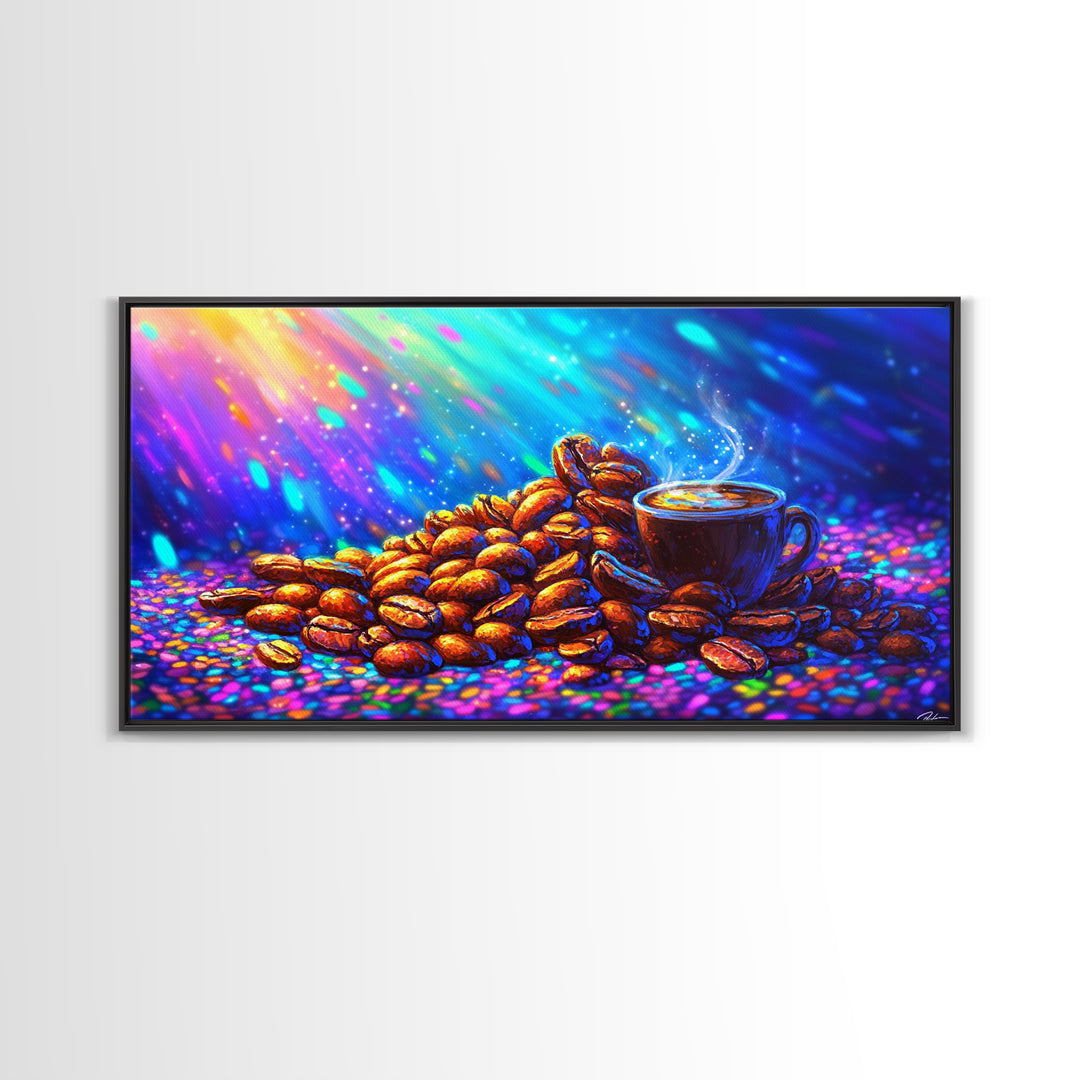 Steaming Coffee Cup With Roasted Beans Canvas Print, Coffee Bar Wall Art, Kitchen Decor, Cafe Poster Gift For Coffee Lover