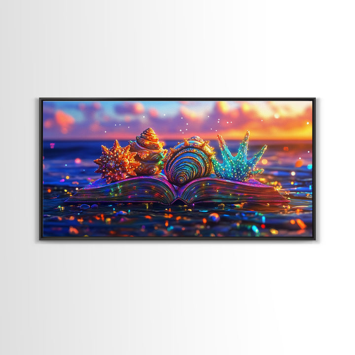 Glowing Seashells On Open Book Framed Canvas Print, Coastal Wall Art, Beach House Decor, Ocean Lover Gift For Her, Nautical Home Decor