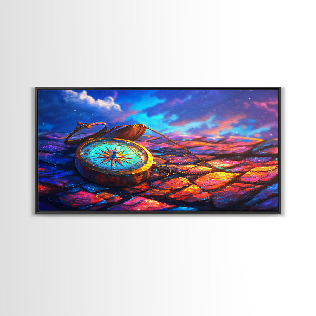 Antique Compass On Rainbow Cobblestones Canvas Print, Travel Wall Art, Wanderlust Decor, Nautical Office Decor Gift For Him