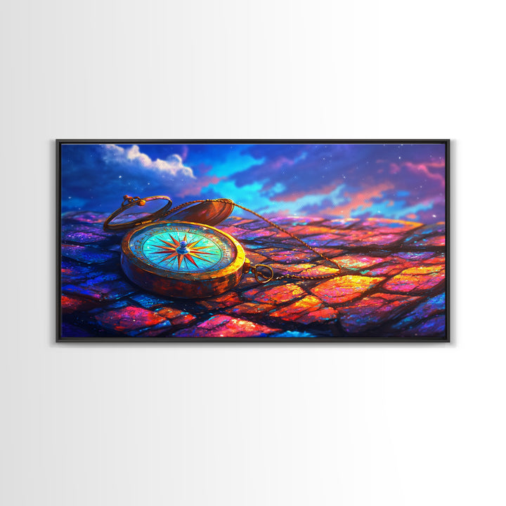Antique Compass On Rainbow Cobblestones Canvas Print, Travel Wall Art, Wanderlust Decor, Nautical Office Decor Gift For Him