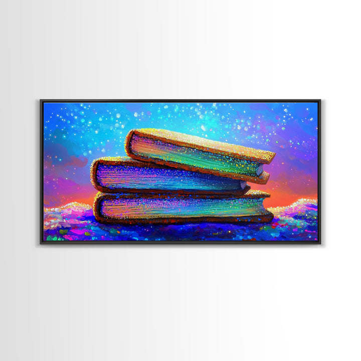 Stacked Rainbow Books Under Starry Sky Canvas Print, Book Lover Wall Art, Library Decor, Cozy Reading Nook Gift For Home Office Decor