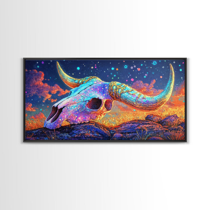 Iridescent Longhorn Skull Desert Sunset Wall Art, Western Decor, Cow Skull Canvas Print, Southwestern Home Decor Gift For Him