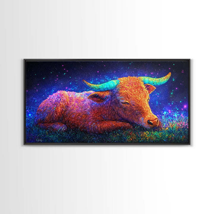 Sleeping Longhorn Cow Under Starry Sky Wall Art, Western Animal Canvas Print, Rustic Farmhouse Decor, Gift For Him, Home Decor