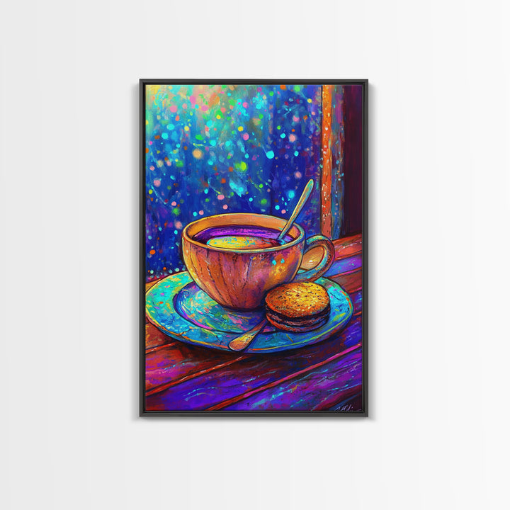 Cozy Tea Cup And Cookie Canvas Print, Coffee Shop Wall Art, Cafe Decor, Kitchen Wall Decor, Whimsical Foodie Gift For Dining Room Prints