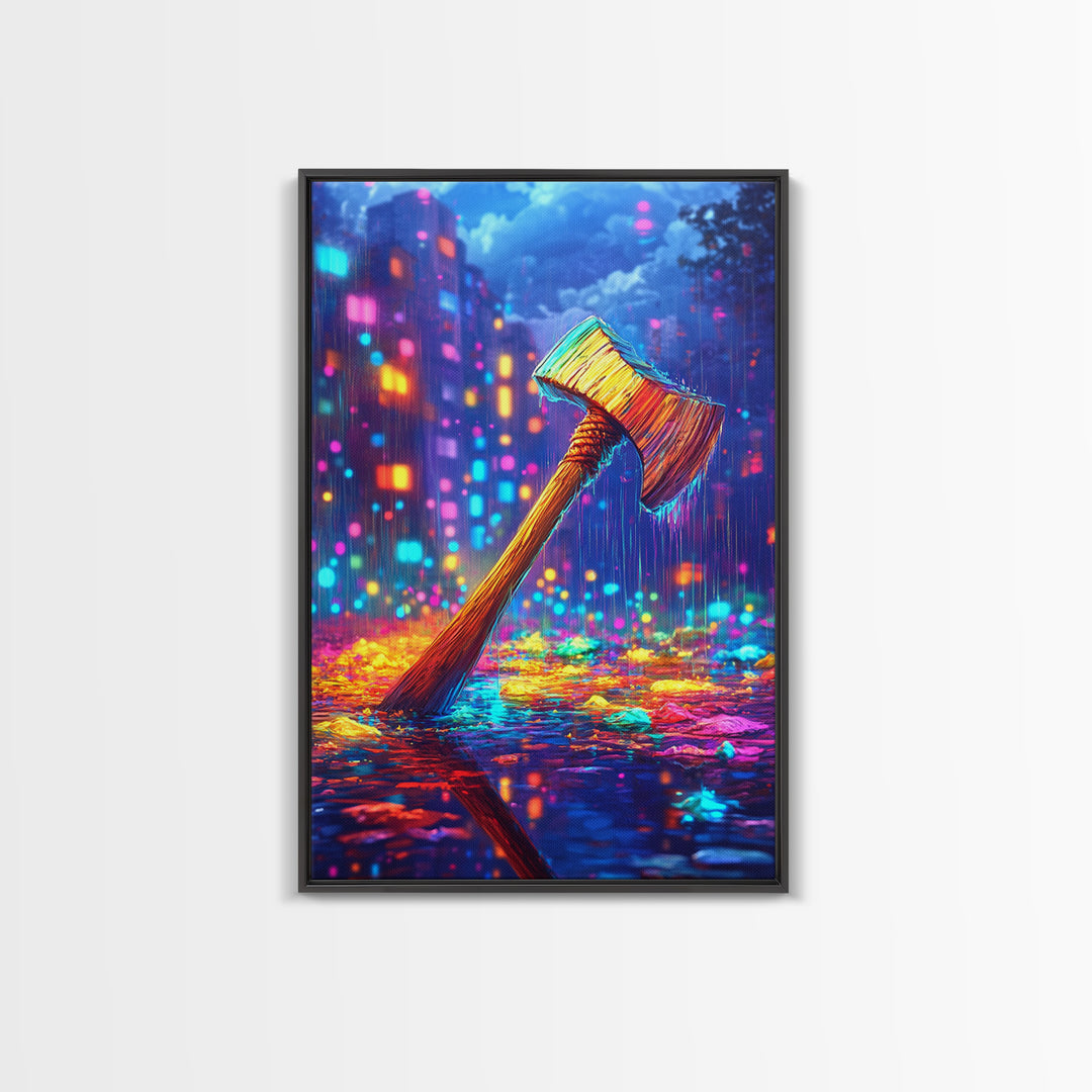 Neon Axe In Rainy City Framed Canvas Print, Cyberpunk Wall Art, Dystopian Decor, Gamer Room Art, Unique Gift For Him, Home Decor