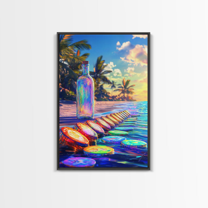 Rainbow Glass Bottle On Tropical Beach Canvas Print, Coastal Wall Art, Beach House Decor, Ocean Art Print, Summer Home Decor