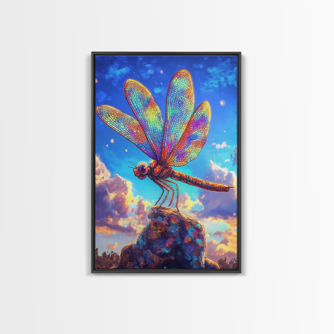 Stained Glass Dragonfly On Rock Canvas Print, Colorful Wildlife Art, Nature Wall Art, Whimsical Decor, Nature Lover Gift