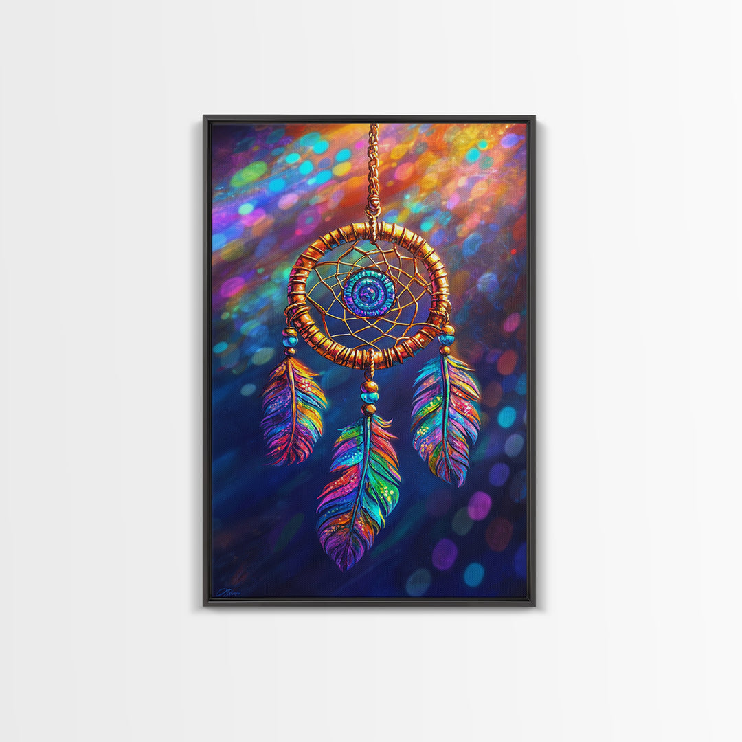 Rainbow Feather Dreamcatcher Wall Art, Boho Wall Decor, Spiritual Art, Celestial Decor, Whimsical Gift, Framed Canvas Print