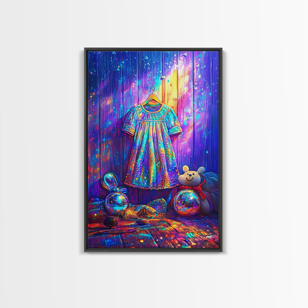 Sparkling Rainbow Toddler Dress With Toy Bear Wall Art, Colorful Nursery Decor, Girls Room Art, Whimsical Kids Room Print