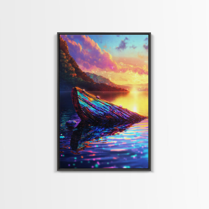 Iridescent Driftwood Boat On Mountain Lake Canvas Print, Sunset Landscape Art, Coastal Wall Decor, Colorful Nature Print
