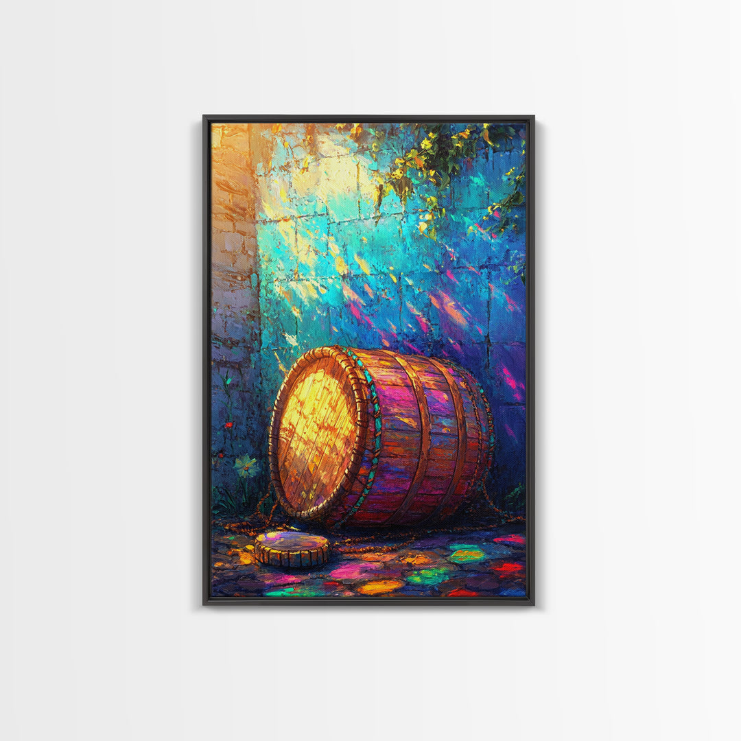 Sunlit Wooden Barrel Against Turquoise Wall Canvas Print, Rustic Kitchen Wall Art, Farmhouse Decor, Colorful Courtyard Print