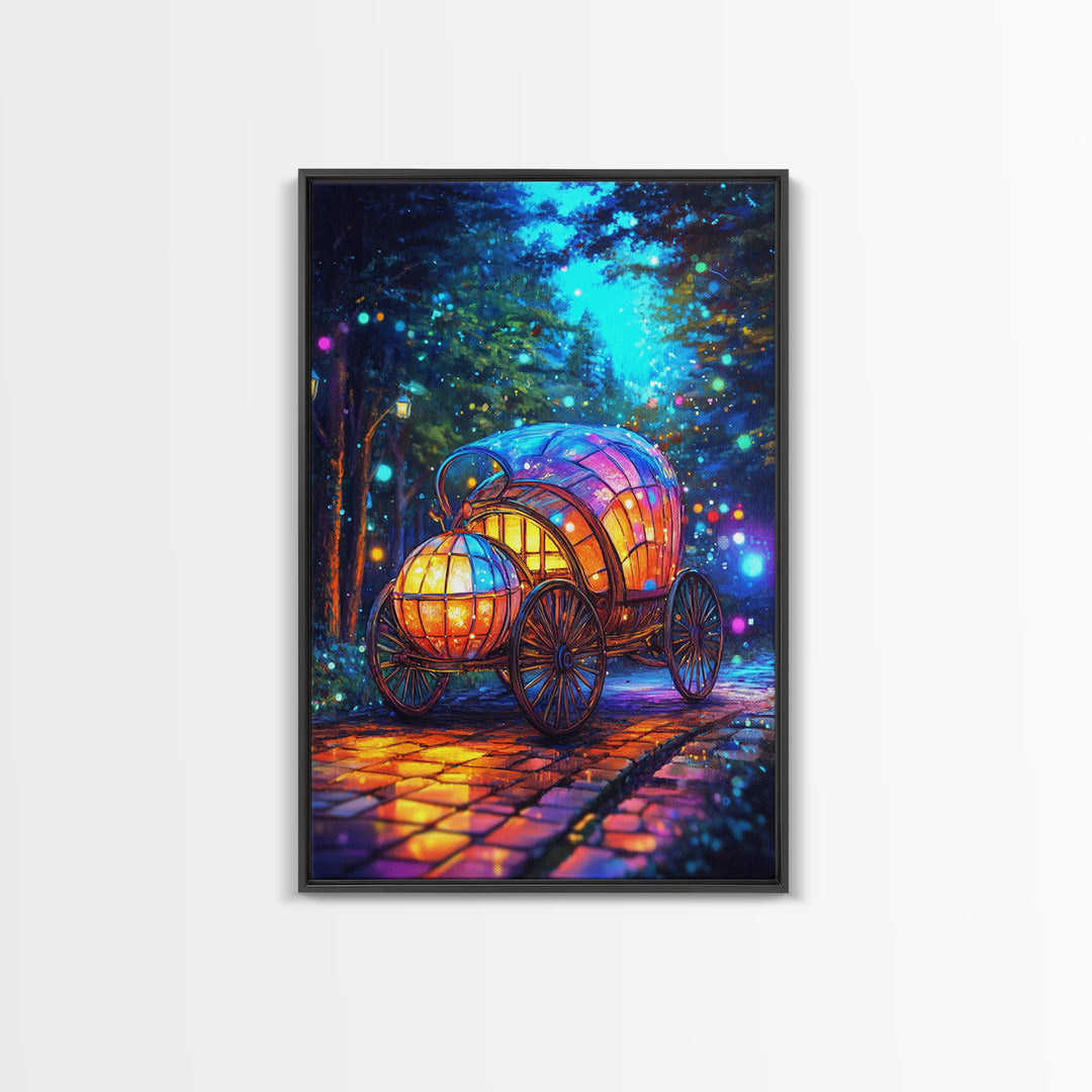 Glowing Pumpkin Carriage In Forest Canvas Print, Fairytale Wall Decor, Whimsical Nursery Art, Fantasy Room Decor Gift For Girls Room