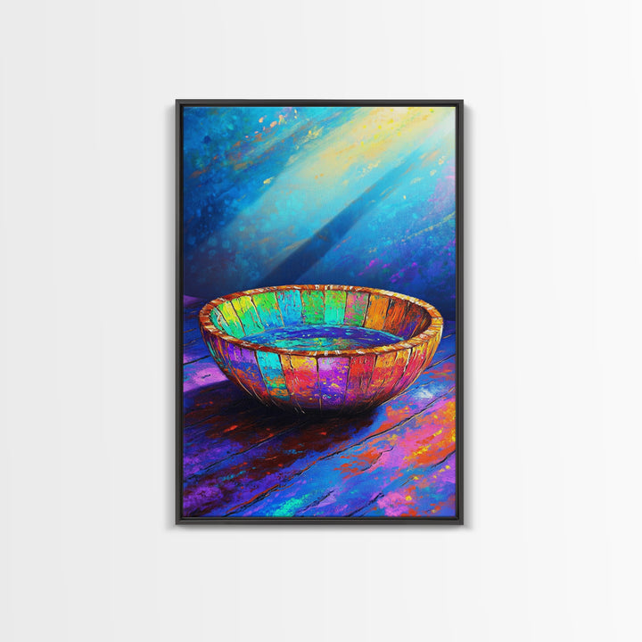Rustic Rainbow Wooden Bowl Canvas Print, Colorful Kitchen Wall Art, Modern Farmhouse Decor, Wabi Sabi Art, Housewarming Gift