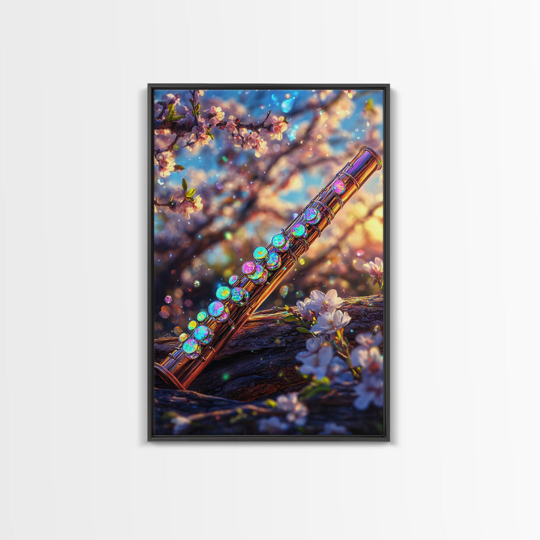 Jeweled Flute With Cherry Blossoms Canvas Print, Music Wall Art, Japanese Floral Spring Decor, Elegant Music Room Wall Decor