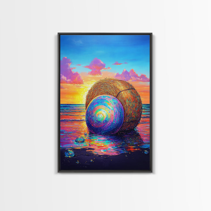 Rainbow Shell And Hay Bale On Beach Canvas Print, Coastal Wall Art, Ocean Sunset Seascape Decor, Beach House Home Decor Gift