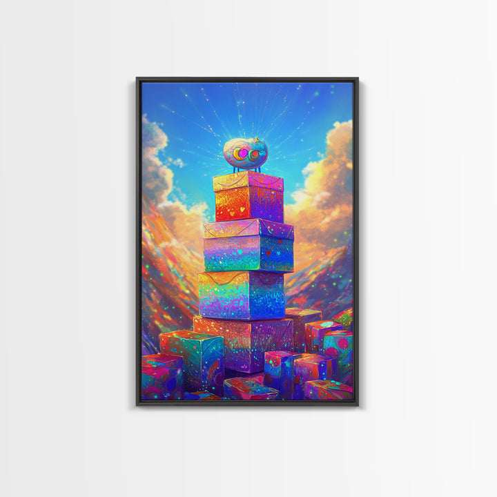 Sparkling Rainbow Gift Boxes In Mountain Sky Canvas Print, Whimsical Wall Art For Kids Room Nursery Decor And Birthday Gift
