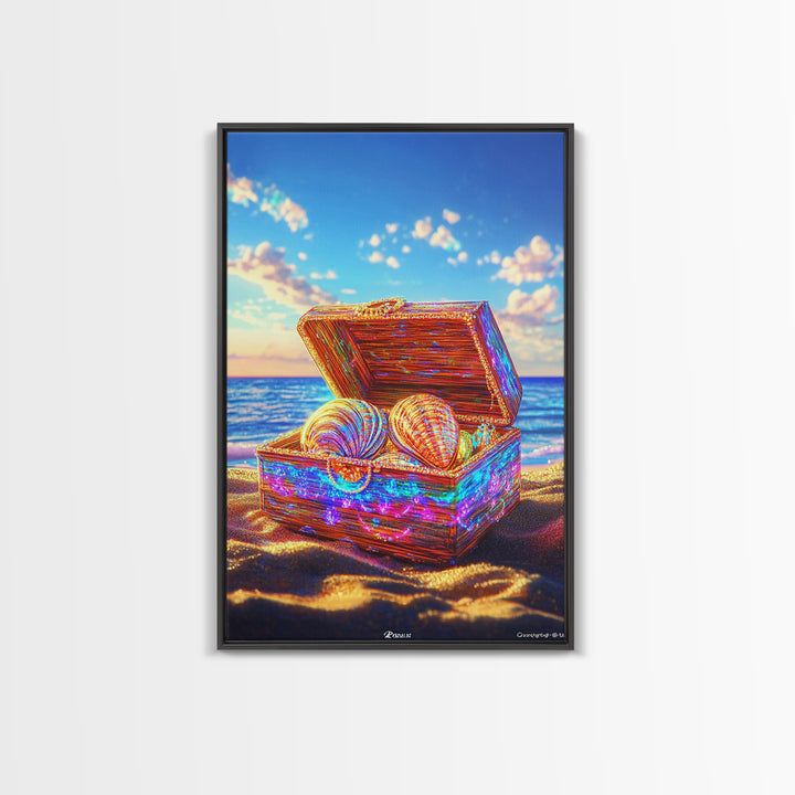 Glittering Seashell Treasure Chest Canvas Print, Coastal Beach House Decor, Ocean Wall Art, Nautical Gift For Her Home Decor