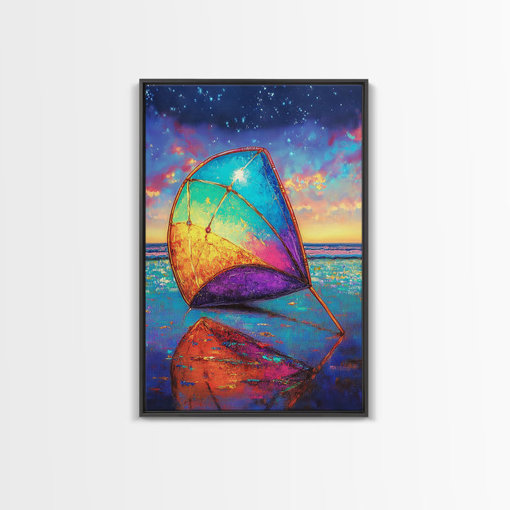Rainbow Beach Sail At Twilight Canvas Print, Coastal Wall Art, Ocean Seascape Decor, Nautical Beach House Gift, Home Decor