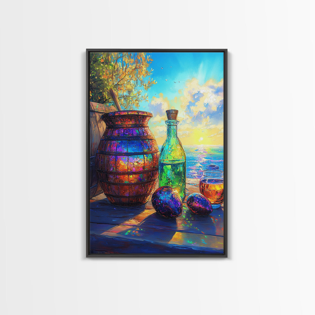 Coastal Bottle Vase And Figs Framed Canvas Print, Mediterranean Kitchen Wall Art, Wine Decor, Beach House Decor, Fine Art Print