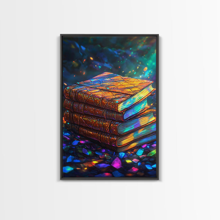 Glowing Antique Books Stack Canvas Print, Bookish Wall Art, Cozy Library Decor, Dark Academia Gift For Book Lover, Home Decor