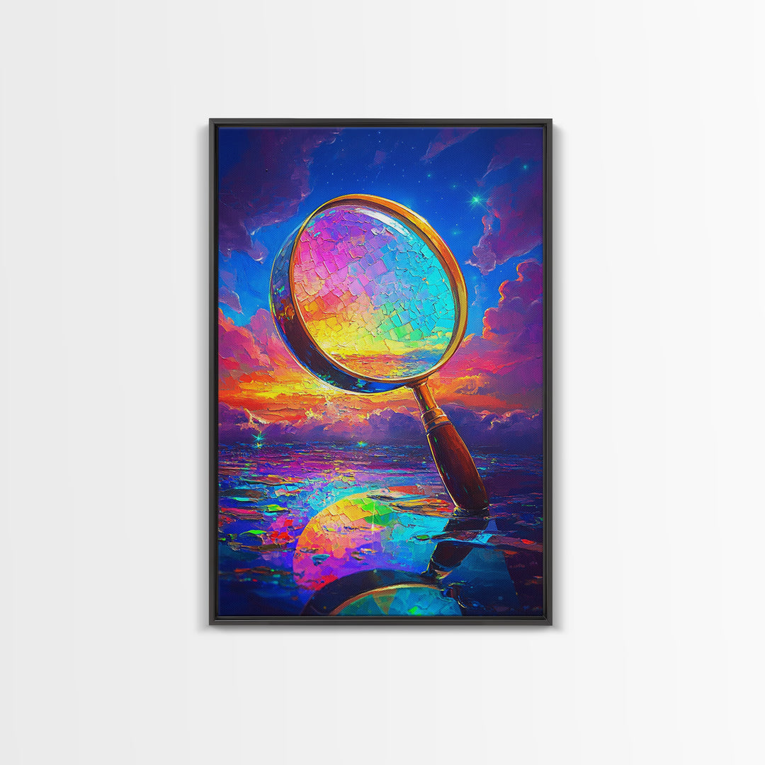 Rainbow Magnifying Glass At Sunset Canvas Print, Surreal Ocean Wall Art, Coastal Seascape Decor, Unique Office Art Gift For Him