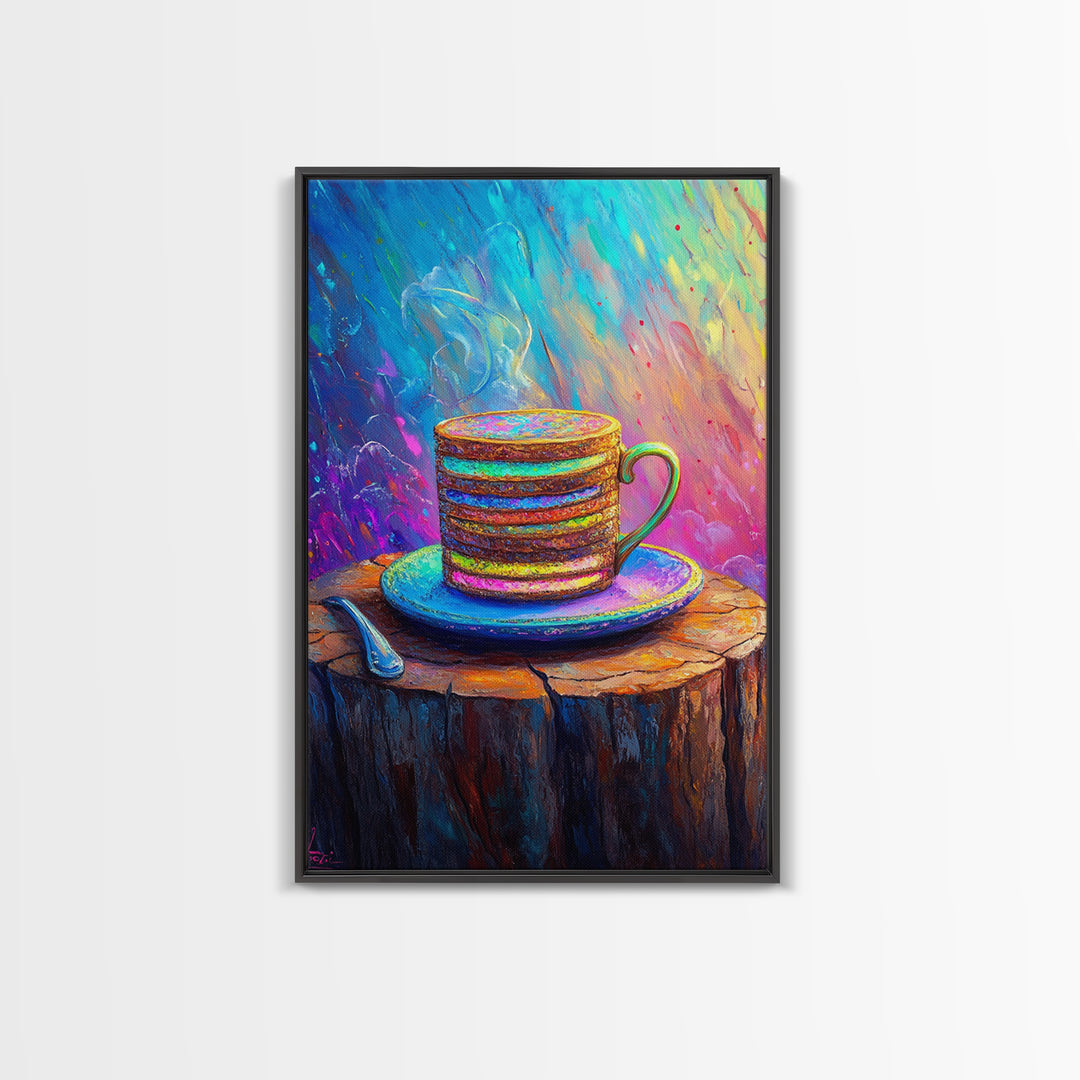 Steaming Rainbow Coffee Cup On Rustic Stump Canvas Print, Cozy Kitchen Wall Art, Coffee Bar Decor, Gift For Coffee Lover