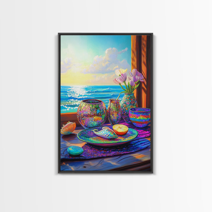 Seaside Shells And Flowers On Sunny Table Canvas Print, Coastal Kitchen Wall Art, Beach House Decor, Ocean Home Decor Gift