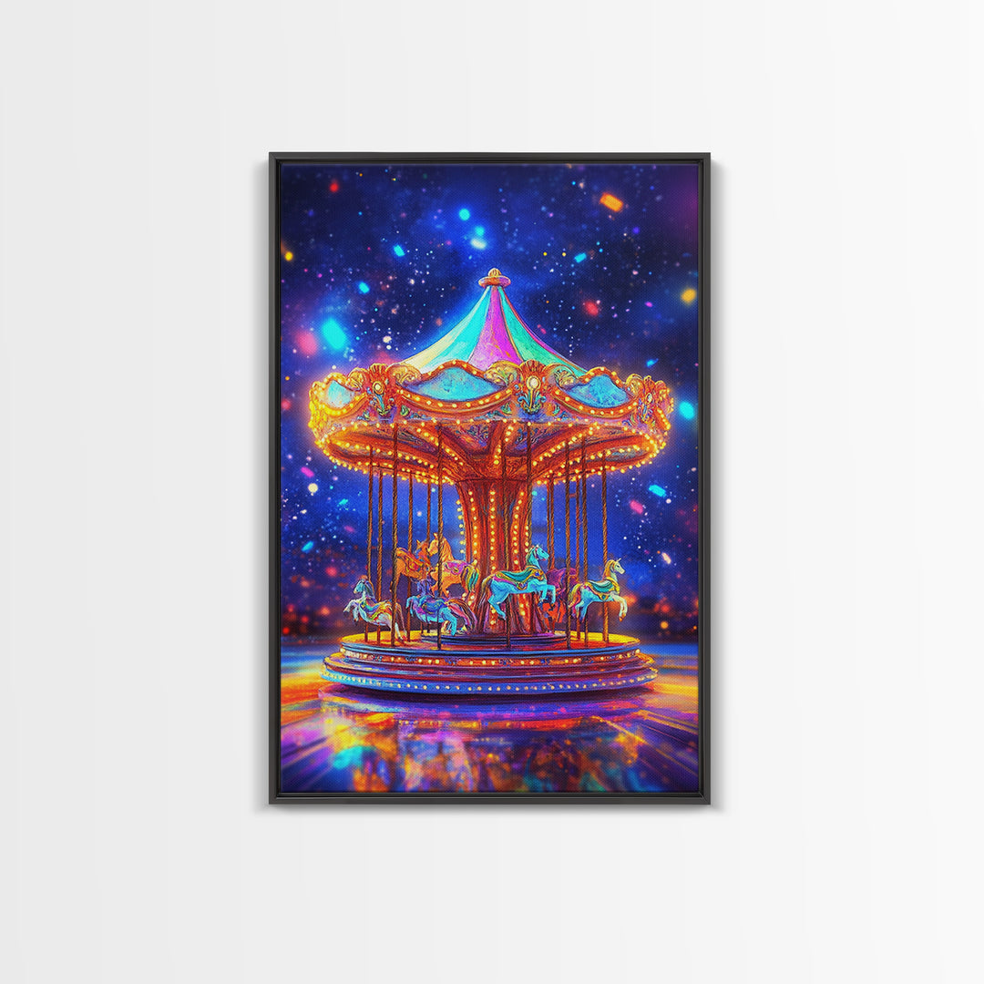 Glowing Carousel Horses Under Starry Sky Canvas Print, Whimsical Wall Art, Nursery Decor, Fantasy Art, Kids Room Decor Gift