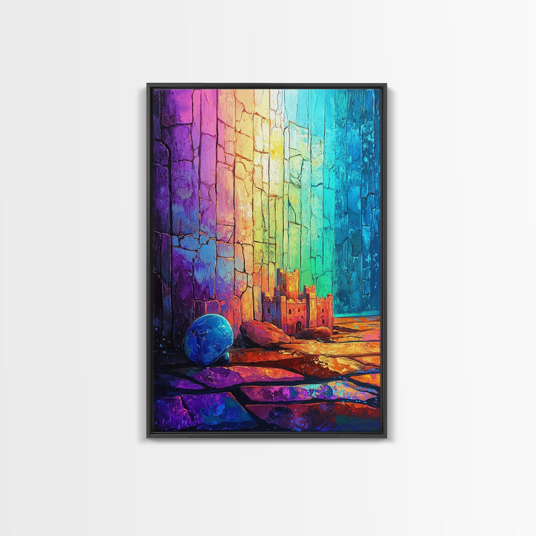 Tiny Castle And Blue Ball In Rainbow Light Framed Canvas Print, Abstract Wall Art, Colorful Decor, Whimsical Fantasy Gift