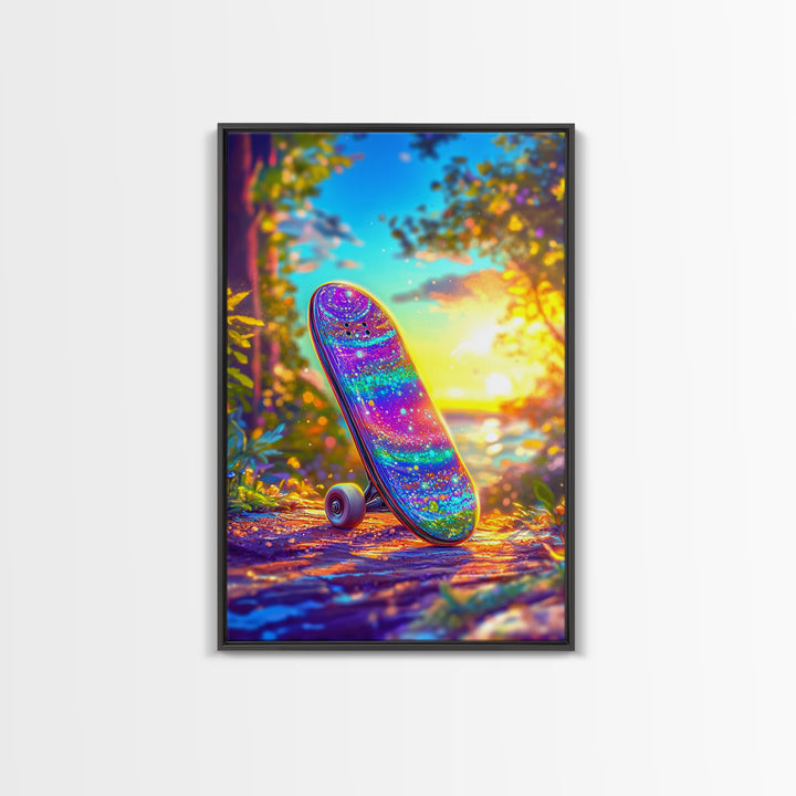 Rainbow Glitter Skateboard At Golden Sunset Wall Art, Canvas Print, Colorful Teen Room Decor, Skateboard Poster, Unique Gift