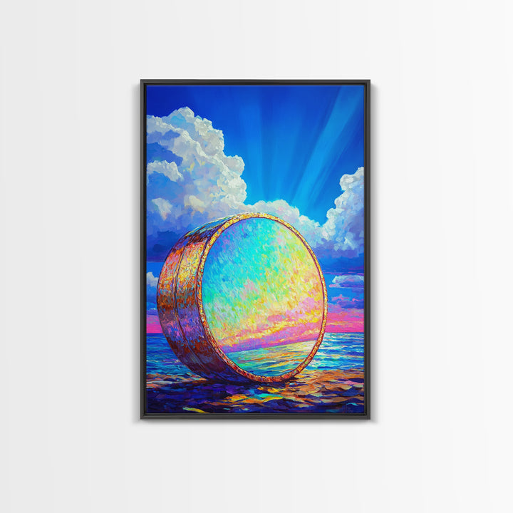 Iridescent Ocean Drum Under Blue Sky Canvas Print, Coastal Wall Art, Music Room Decor, Seascape Art Print, Colorful Gift