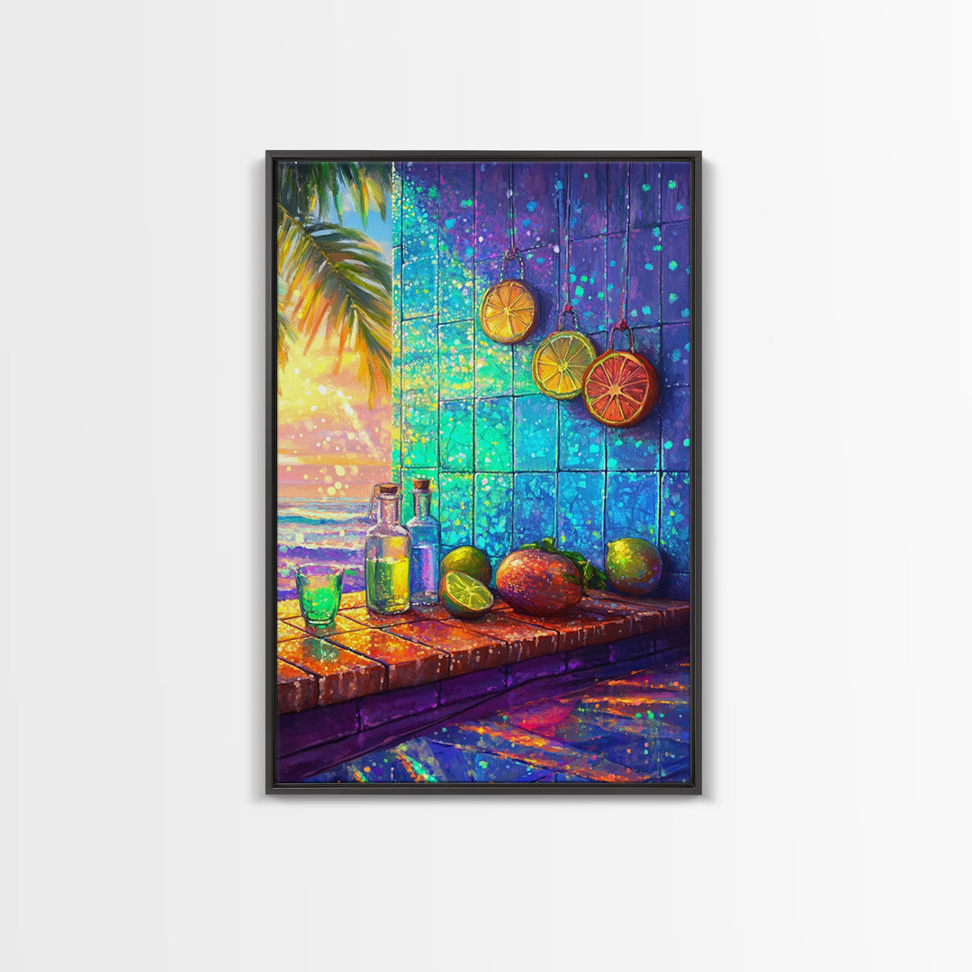Tropical Citrus Window Still Life Framed Canvas Print, Coastal Kitchen Wall Art, Beach House Decor, Colorful Bar Art Poster