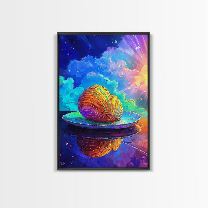 Rainbow Seashell On Reflective Plate Wall Art, Coastal Canvas Print, Ocean Decor, Beach House Gift, Colorful Seascape Art