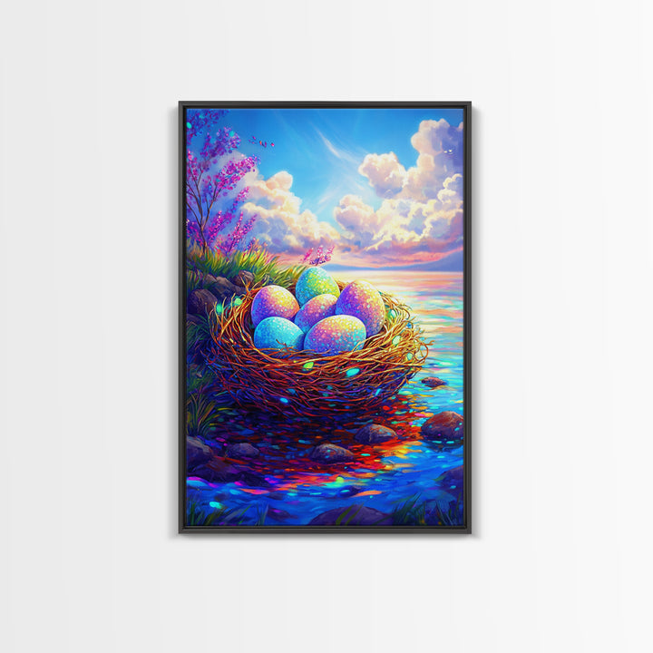 Pastel Eggs In Seaside Nest Wall Art, Colorful Coastal Canvas Print, Easter Nursery Decor, Whimsical Housewarming Gift