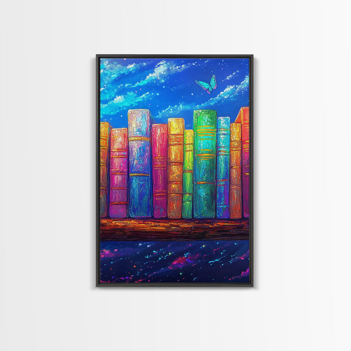 Rainbow Books Under Starry Sky Wall Art, Colorful Library Canvas Print, Book Lover Gift, Reading Nook Home Office Decor Print