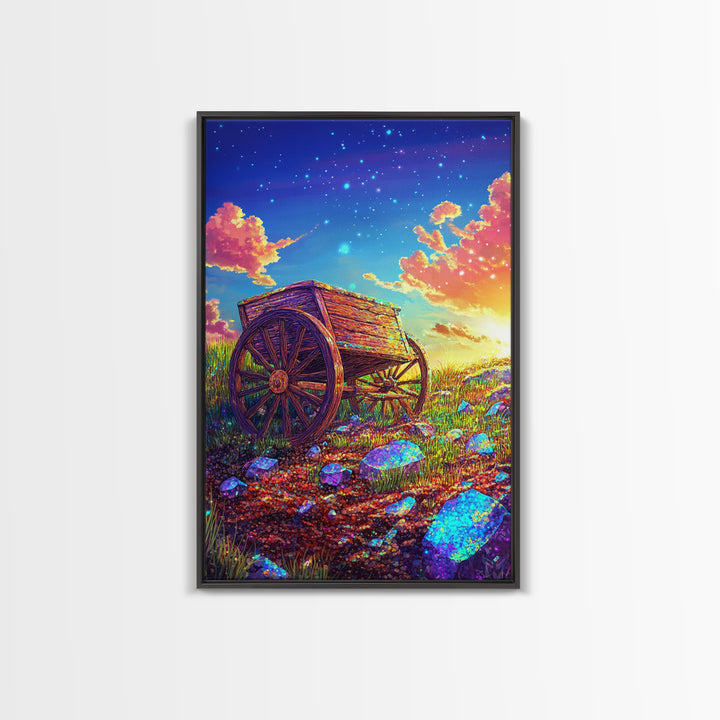 Rustic Wooden Wagon In Starry Meadow Wall Art, Colorful Country Landscape Canvas Print, Western Farmhouse Decor Housewarming Gift